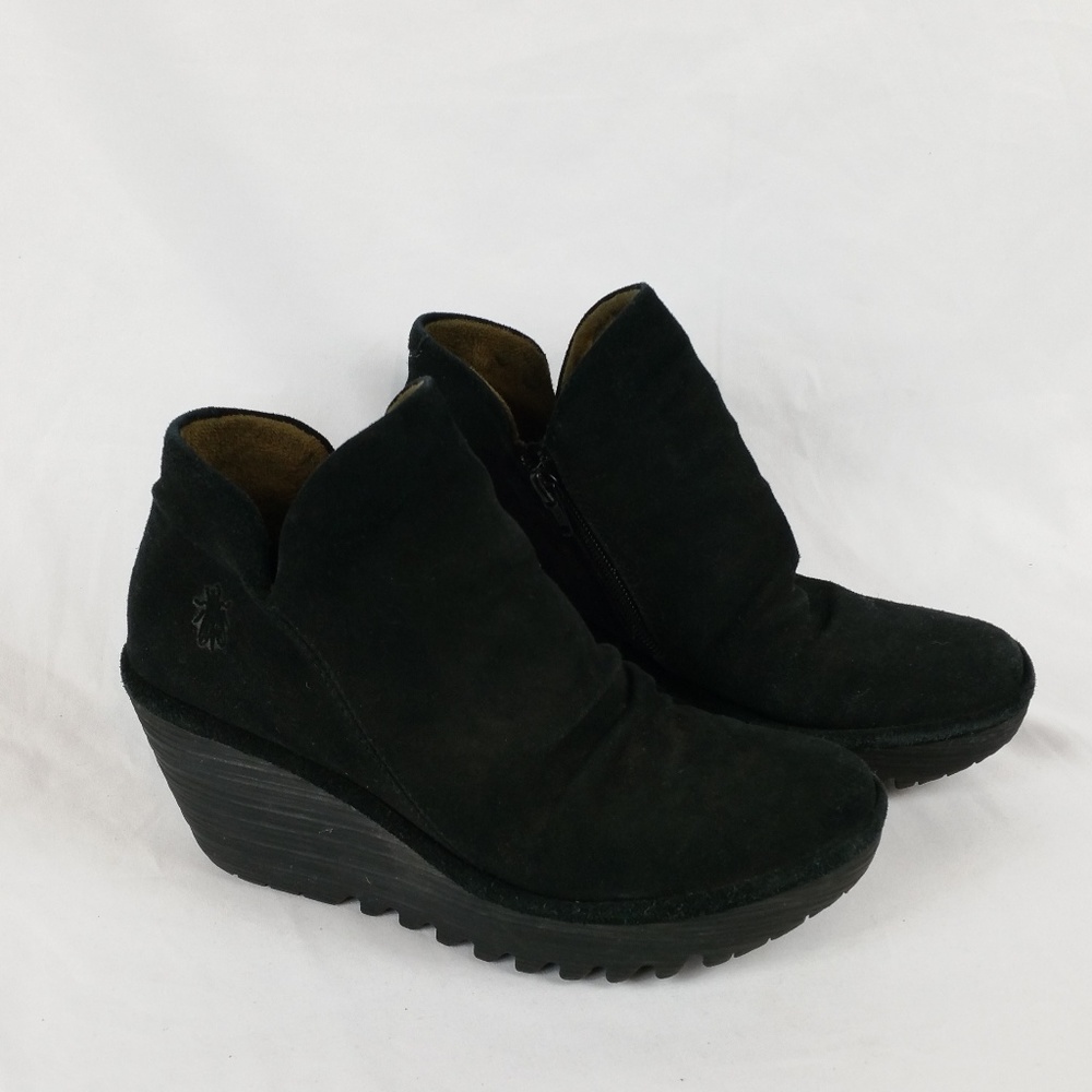 Fly London Black Suede Leather Wedge Ankle Boots